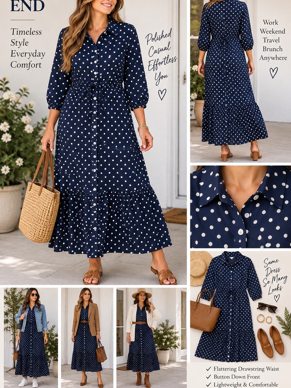 Lands’ End Navy Polka Dot Maxi Shirt Dress L 14-16 Drawstring Waist